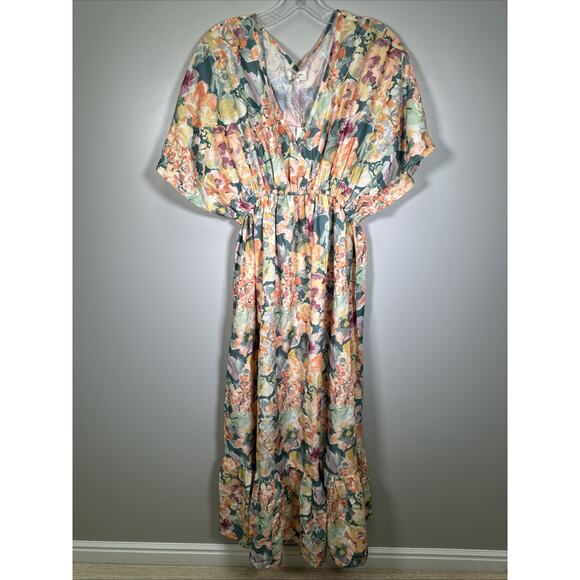 World Market Dresses & Skirts - World Market Mira Watercolor Floral Maxi Dress‎ S/M Teal & Orange Kaftan Boho